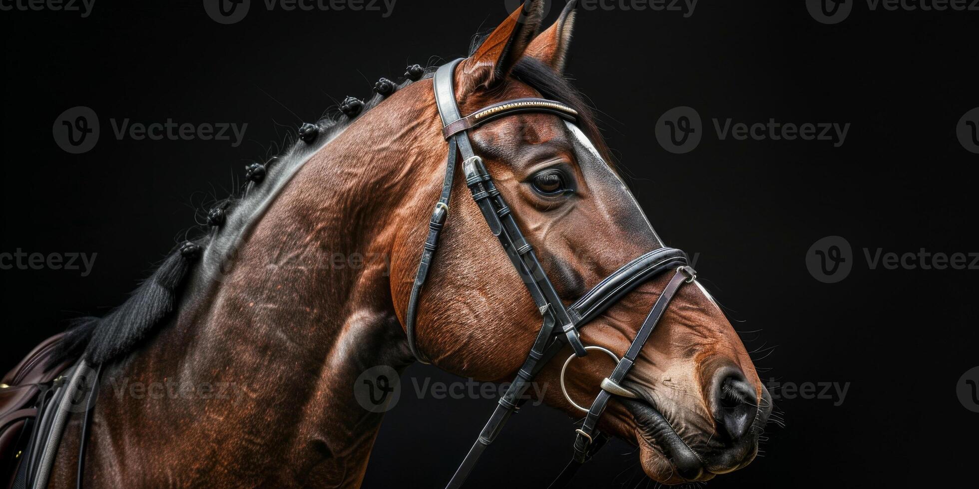 Elegant Brown Horse with Distinctive White Marking and Black Bridle photo