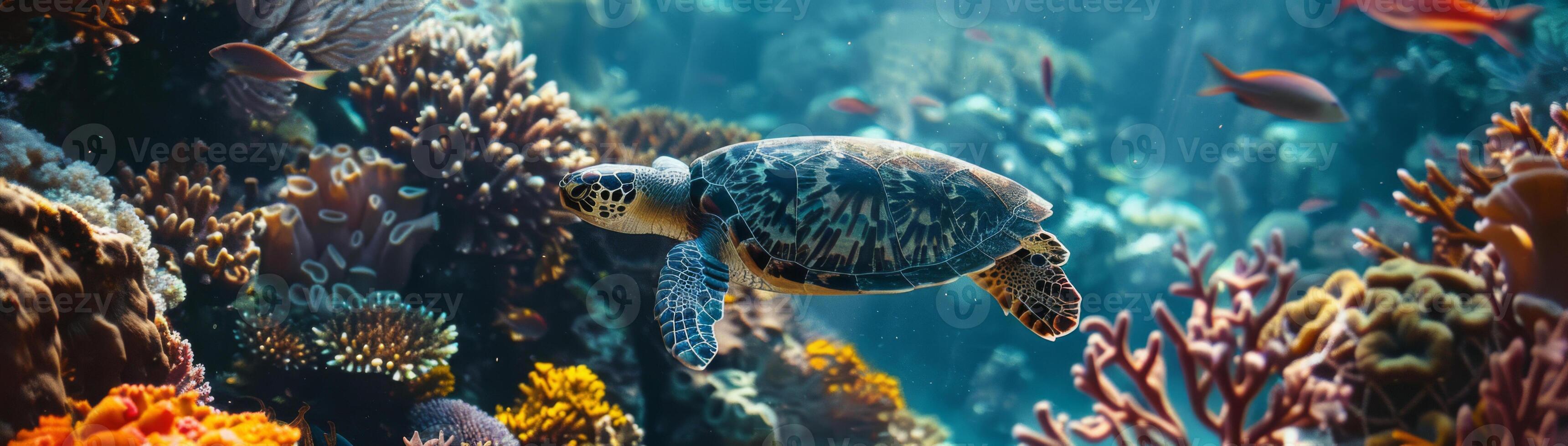 A turtle swims in a coral reef with many fish photo