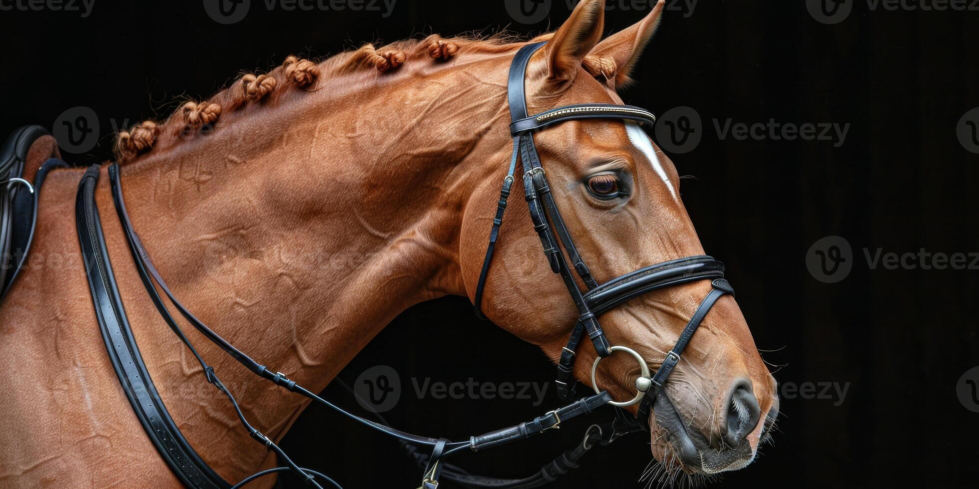 A brown horse with a black bridle and reins photo