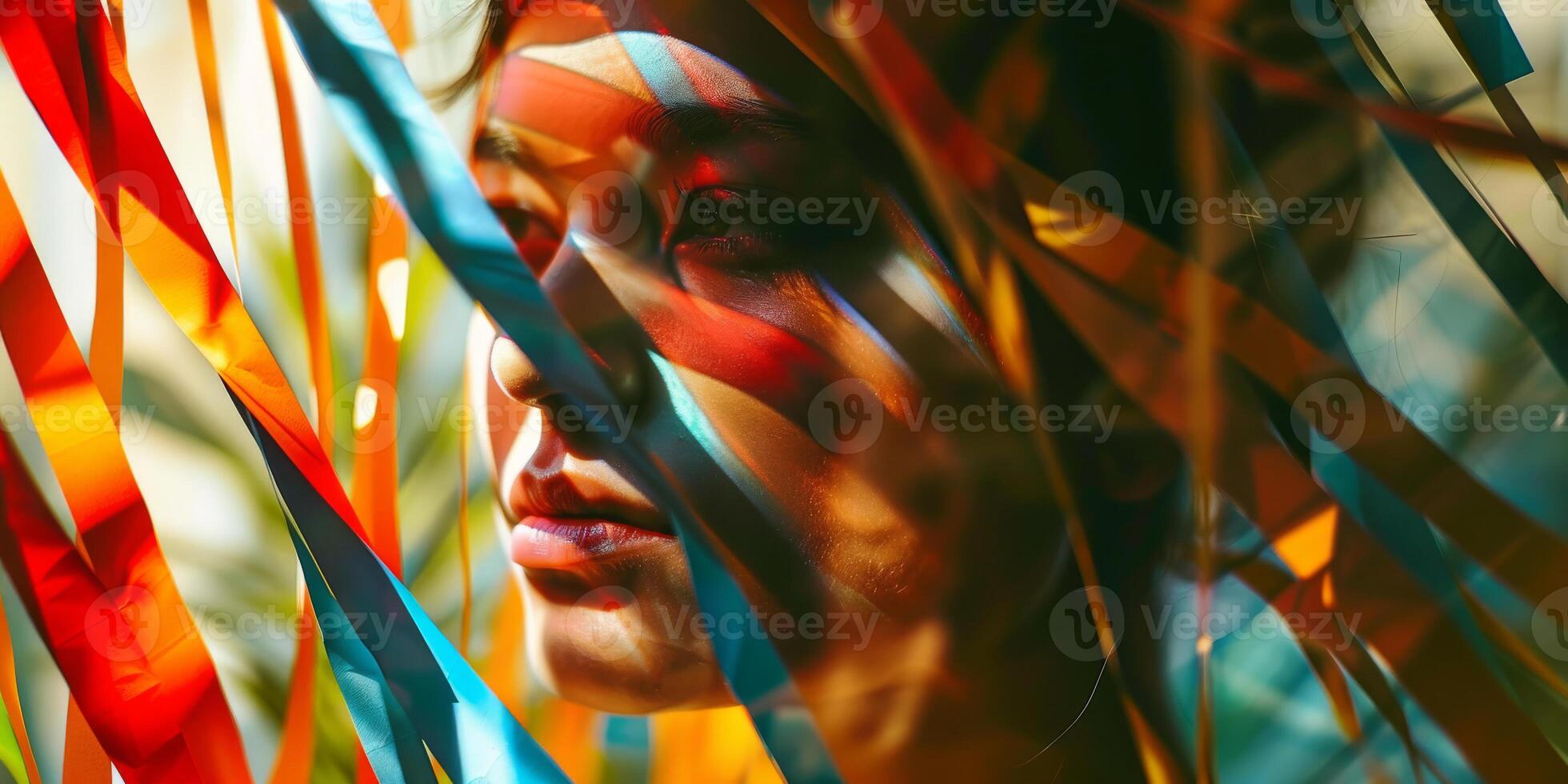 Artistic collage portrait of a woman with colorful light patterns photo