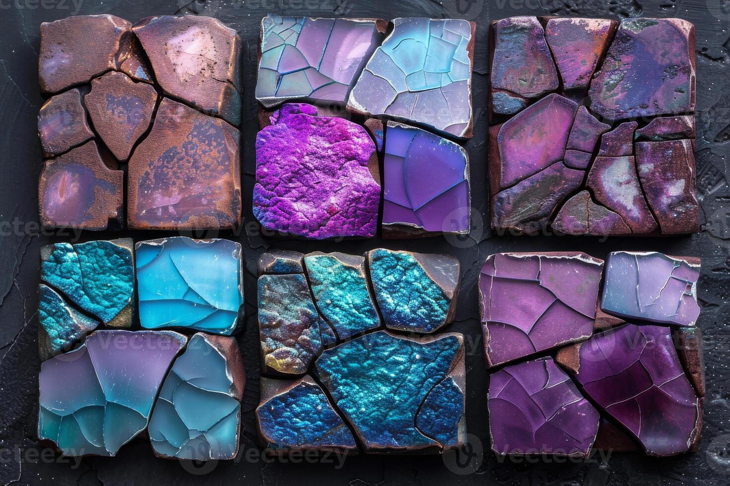 A collection of colorful glass pieces, each with a unique design and pattern photo