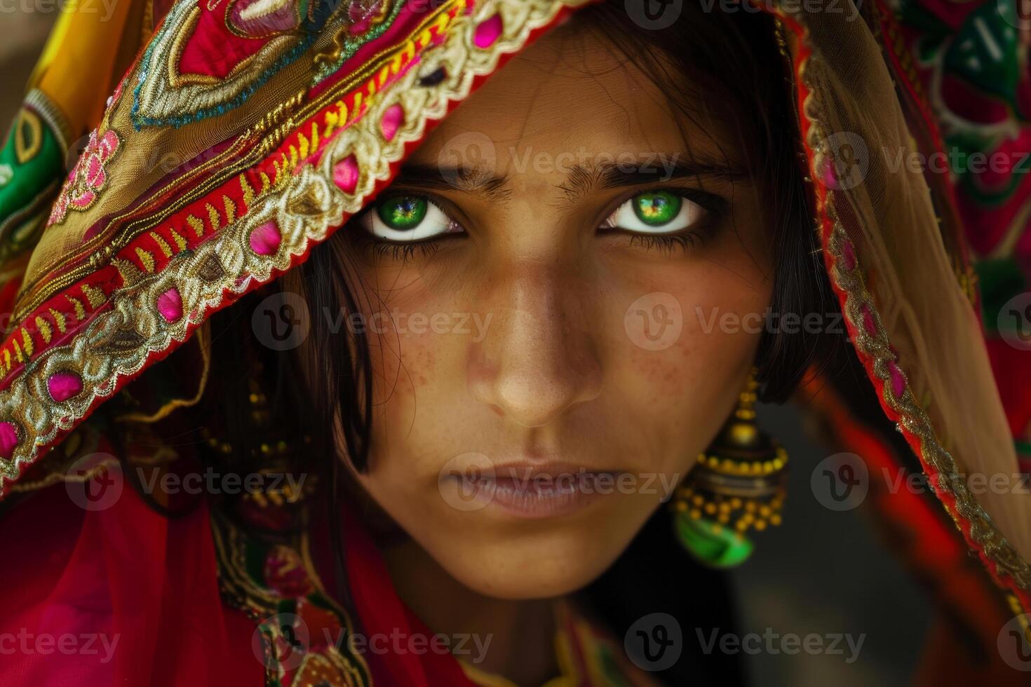 Young South Asian Woman Adorned in Vibrant Traditional Attire with Intense Green Eyes photo