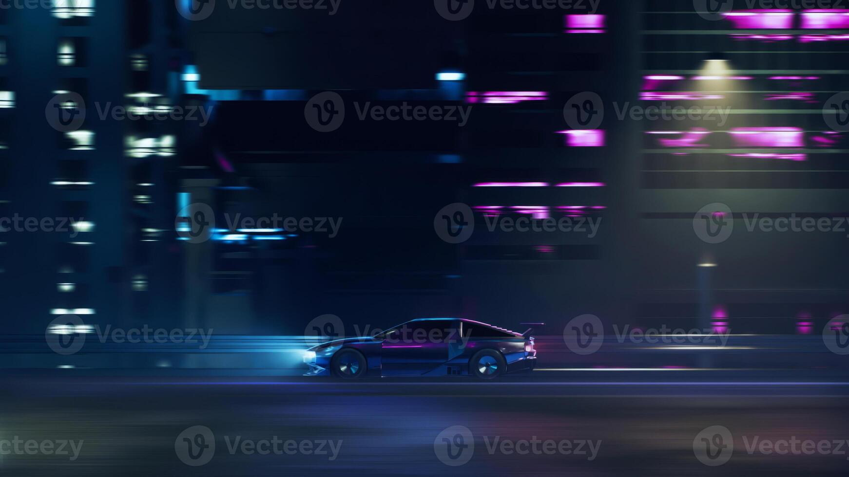 3d render car driving on the city streets at night with neon lights and in a cyberpunk style photo