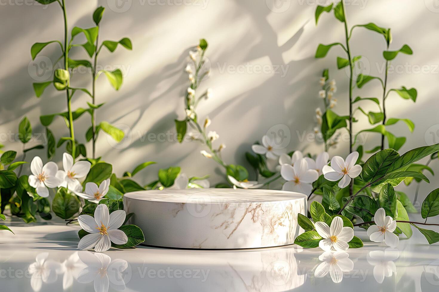 Marble pedestal for product presentation with lush green foliage and blossoms. photo
