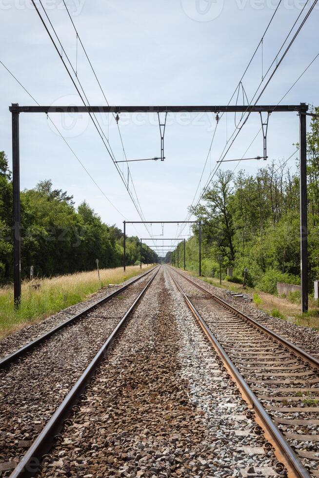 electrified railway tracks with wires countryside lanscape perspective sunny day photo