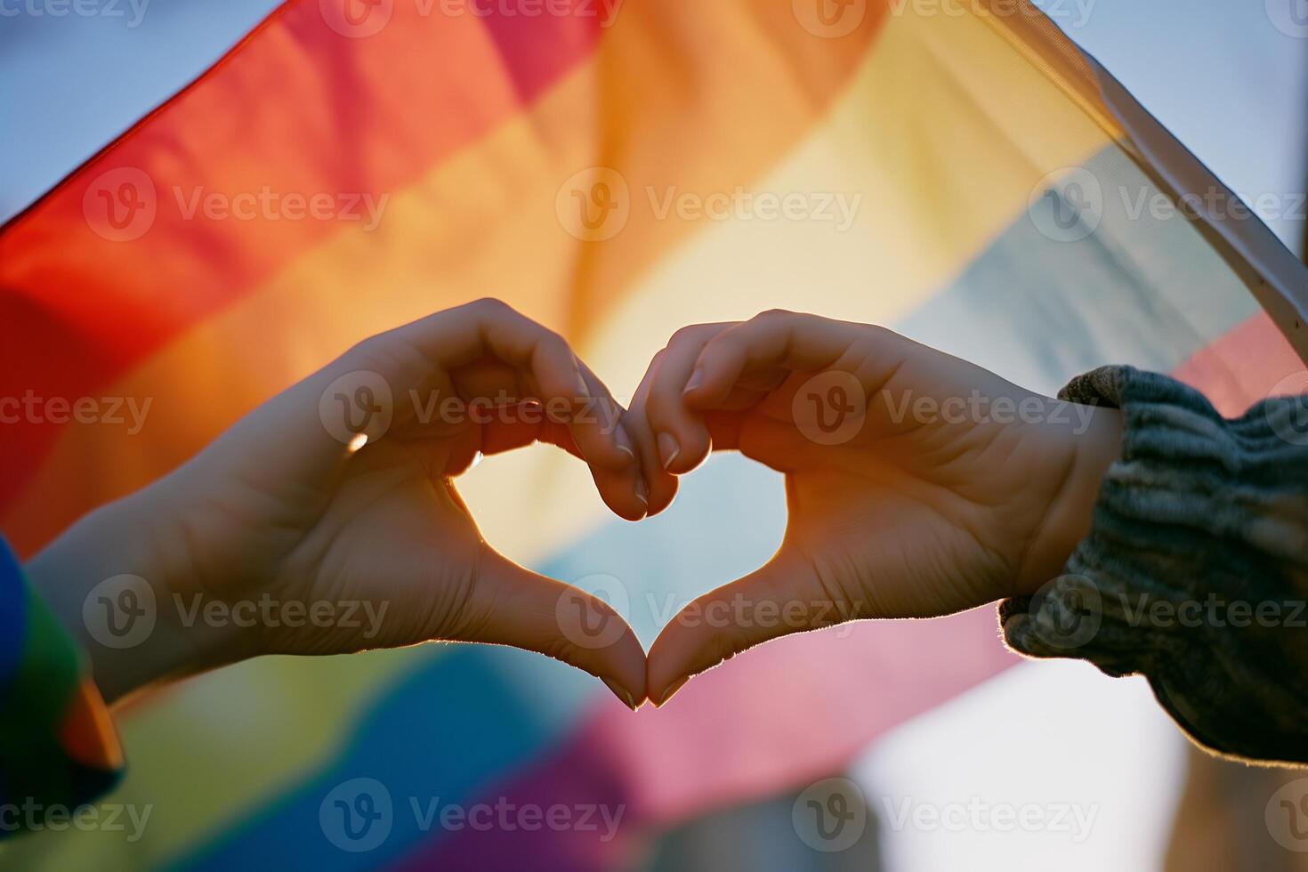 Hands Forming Heart Against Pride Flag photo