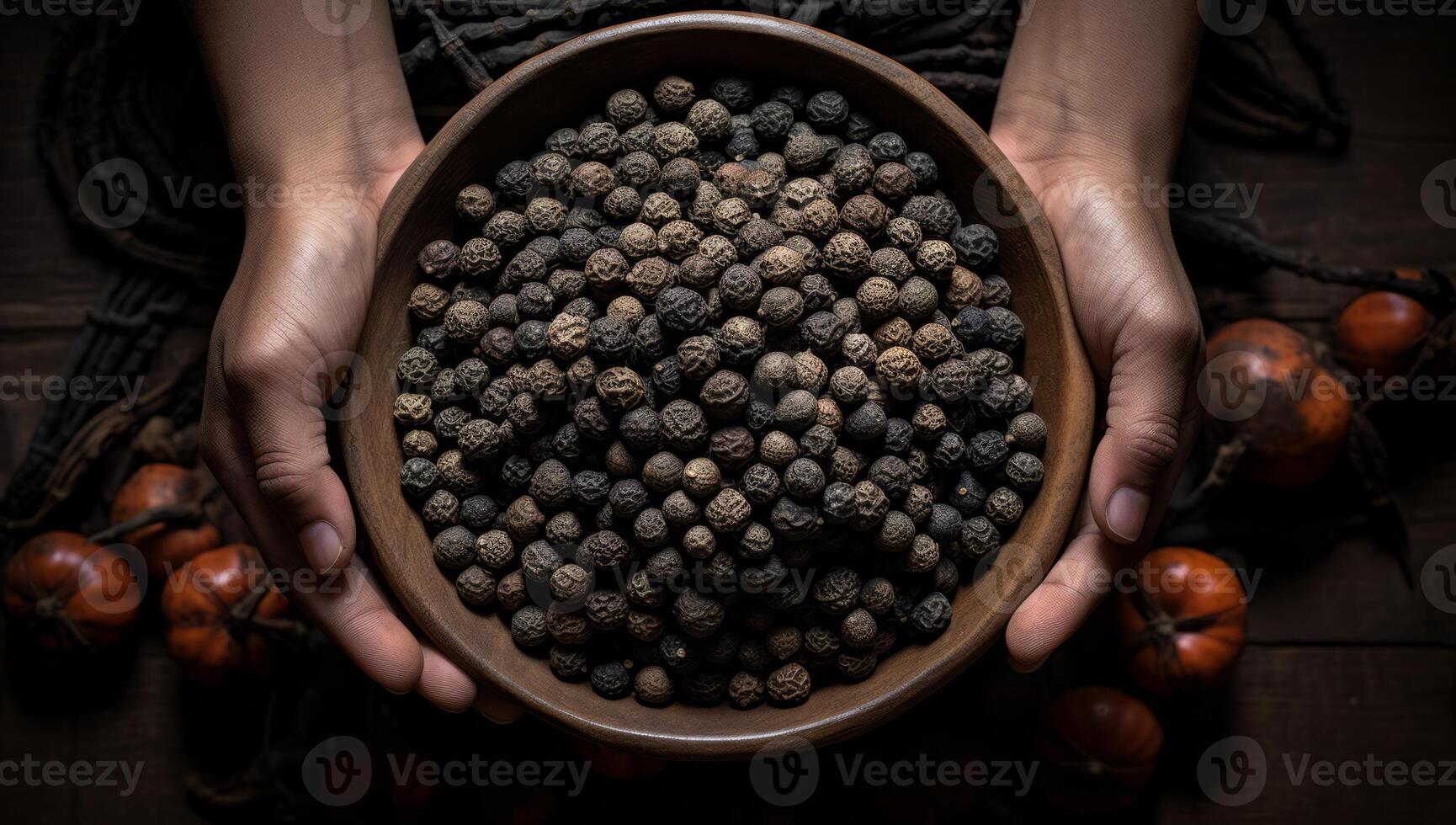Hands Holding Bowl of Black Pepper Spices photo