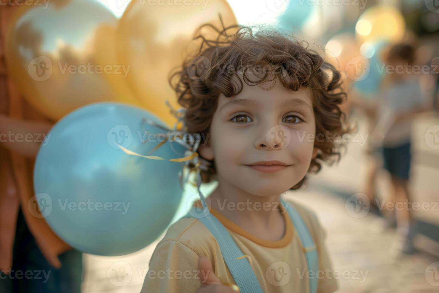 Smiling Child Holding Colorful Balloons photo