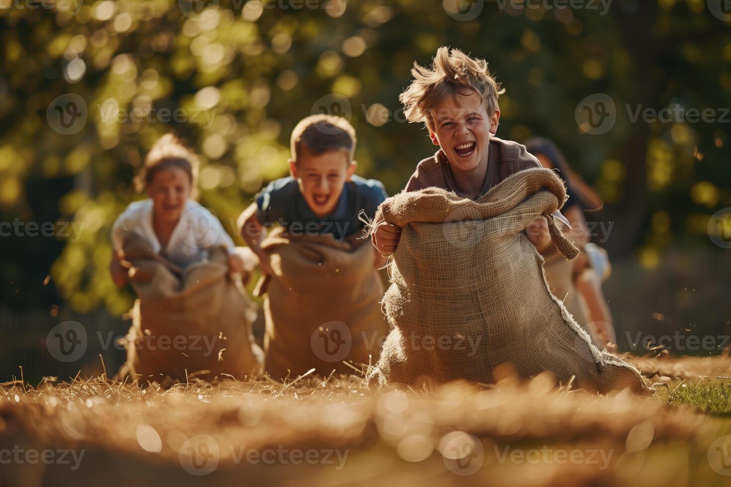 Joyful Children Racing In Burlap Sacks photo