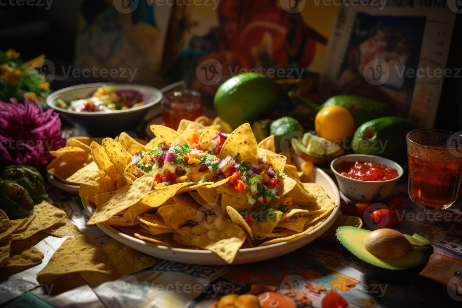 Colorful Mexican Nachos With Fresh Ingredients photo