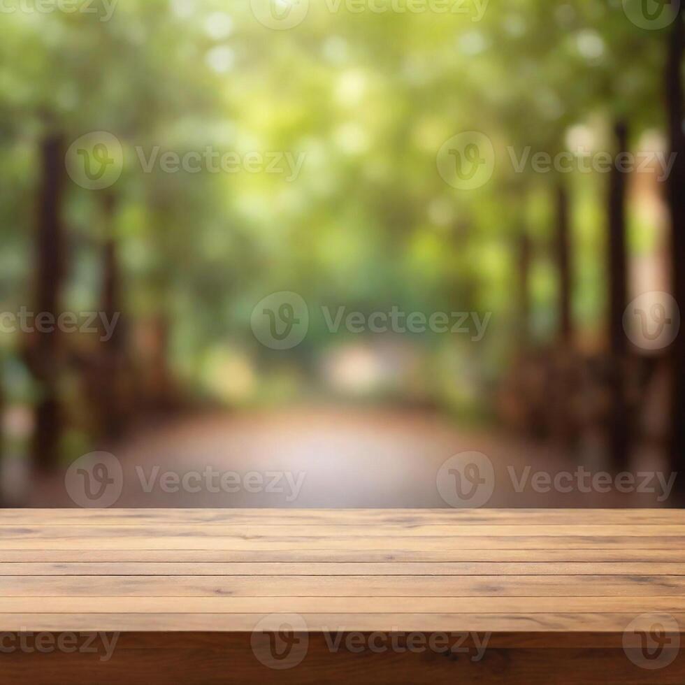 A close up of a wooden table with a blurry and light background photo
