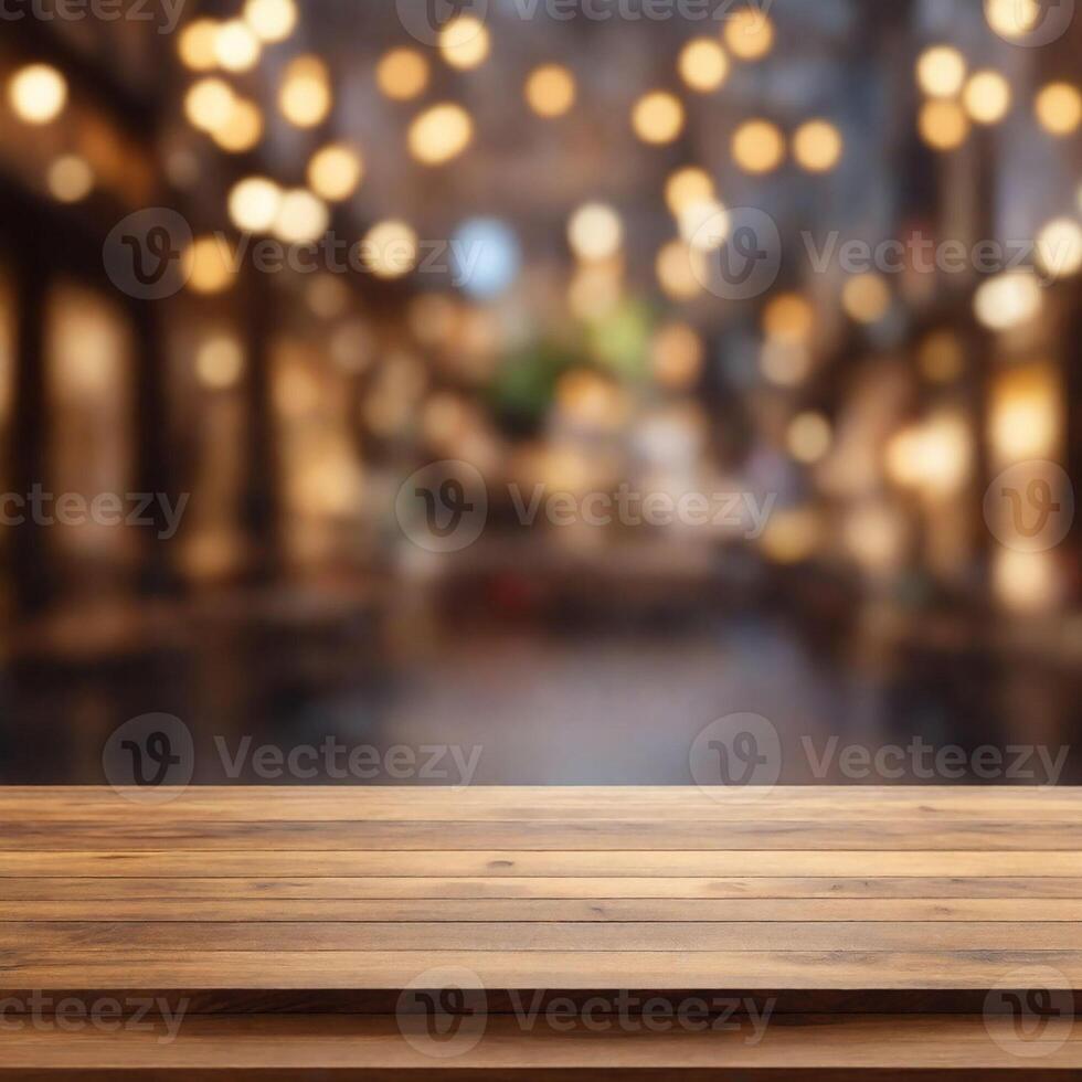A close up of a wooden table with a blurry and light background photo