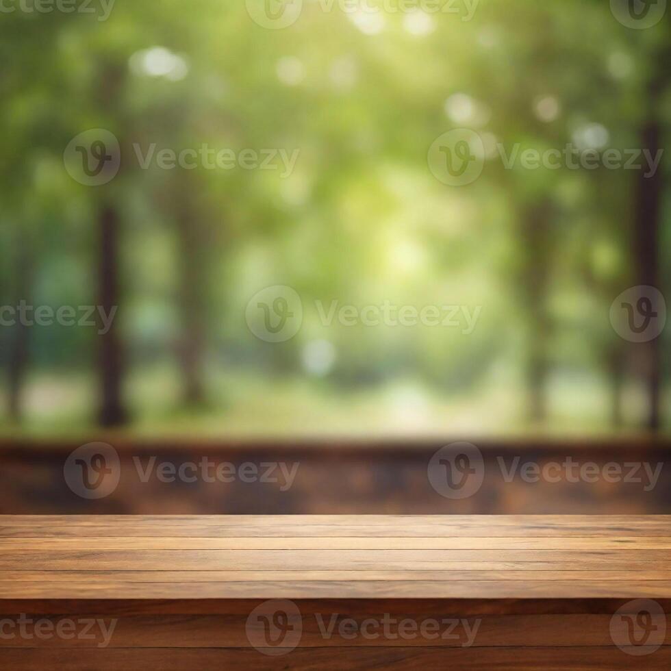 A close up of a wooden table with a blurry and light background photo