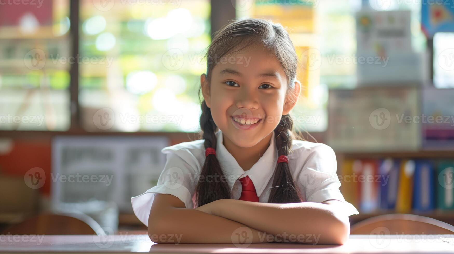 Filipino Elementary School Girl Smiling Warmly in Classroom Setting, Portrait for Educational, Cultural Representation photo