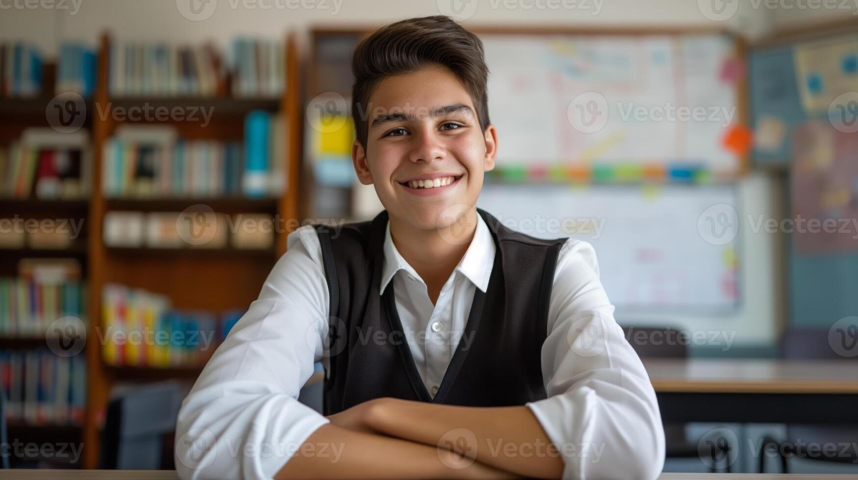 Confident High School Teenager, Southern European, Smiling in Classroom Setting with Bookshelves Concept photo