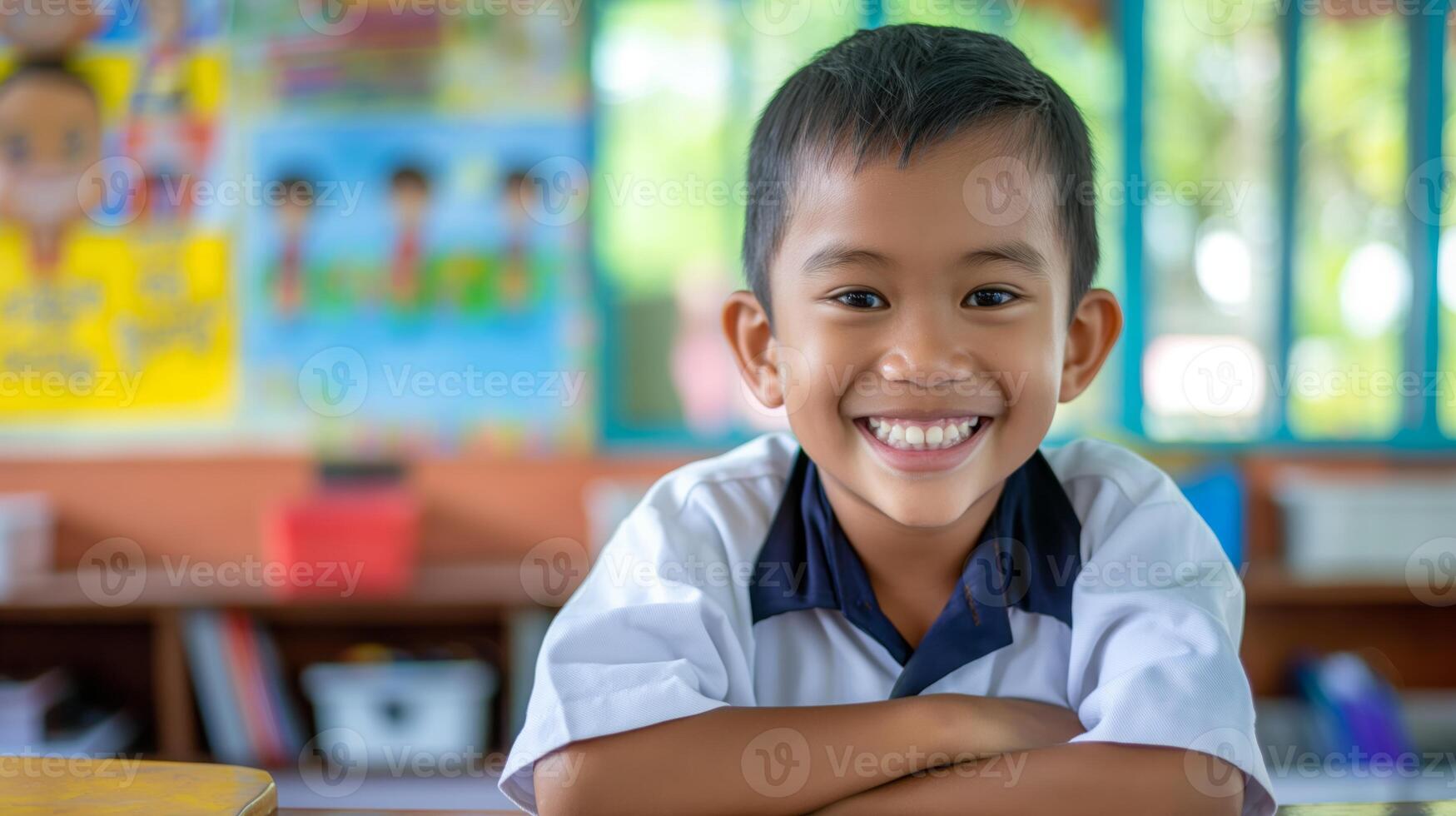 Brightly Smiling Indonesian Elementary School Boy in Classroom, Ideal for Educational and Cultural Content photo