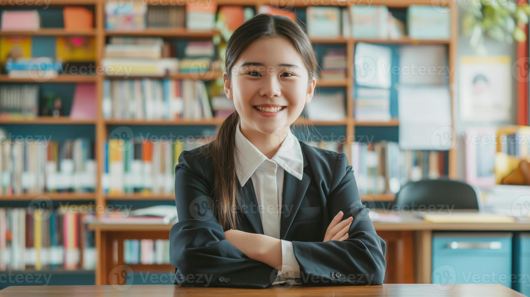 Confident East Asian Teenage Girl in School Uniform Smiling While Sitting at Classroom Desk, Surrounded by Books photo