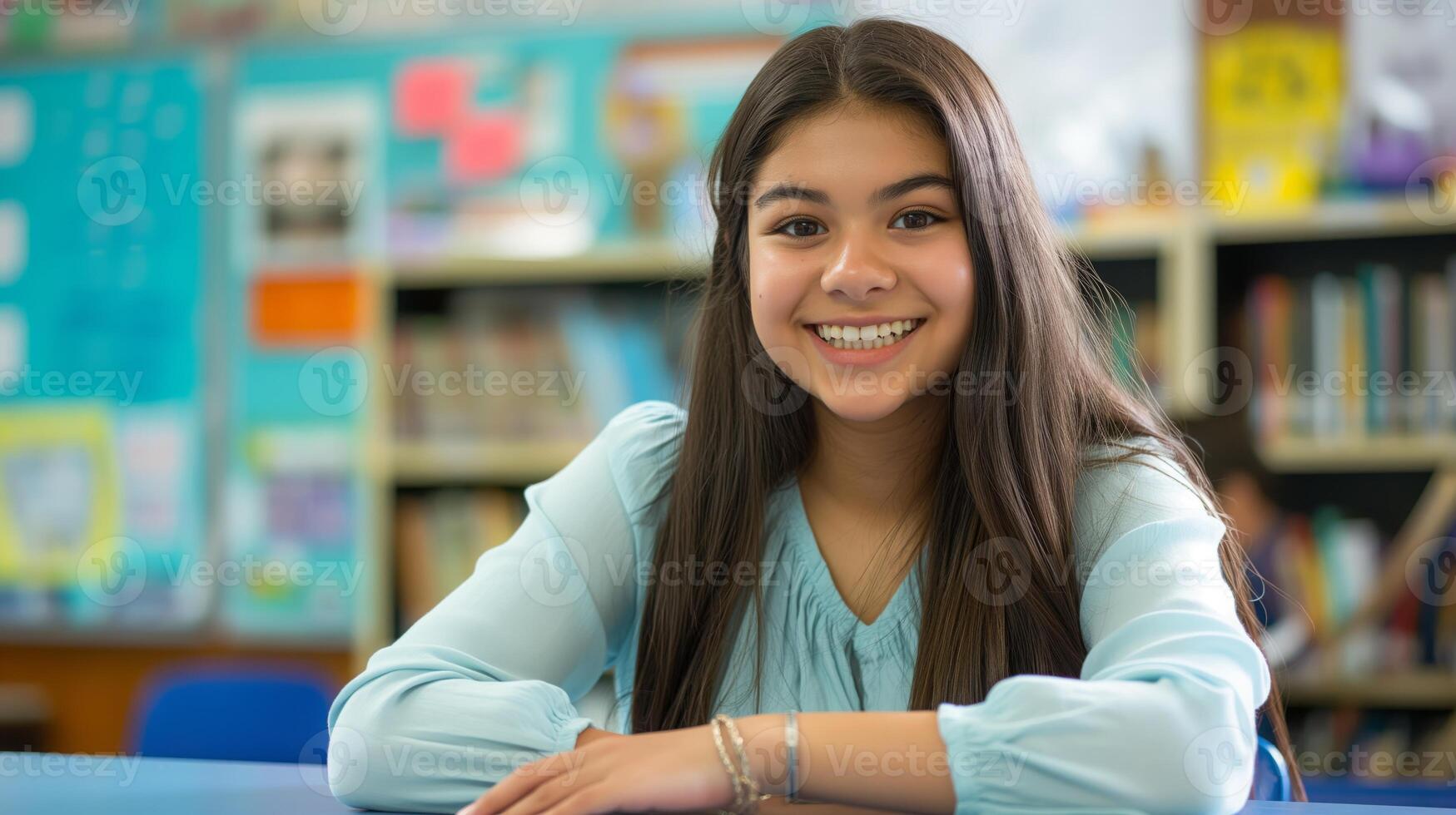 Confident Southern European High School Student Smiling in Classroom - Educational Environment, Academic Setting, Inspiring Learning Atmosphere photo