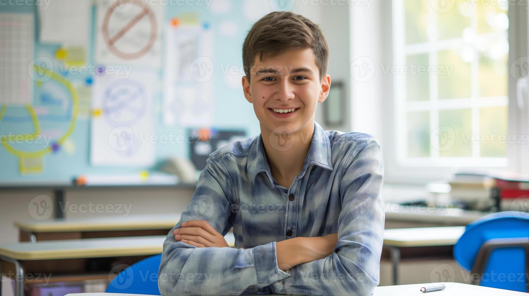 Smiling Teenage Boy in Classroom Setting, Russian High School Student, Educational Environment, Study Session, Learning and Academic Achievement photo