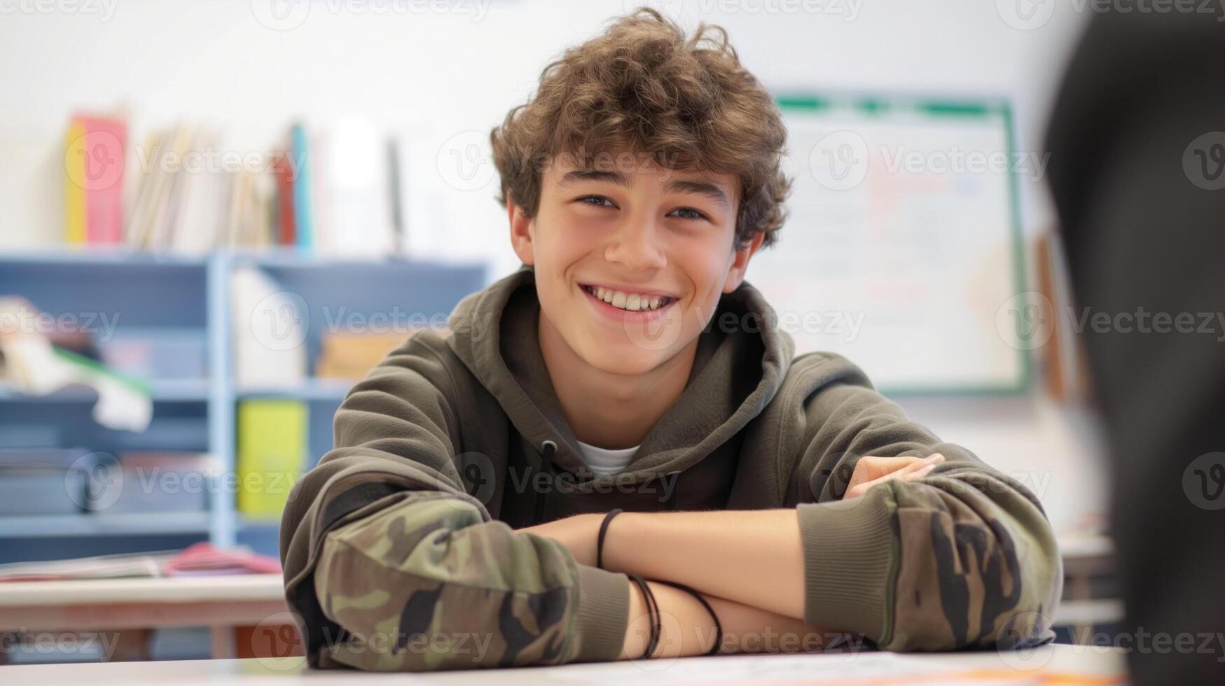 Smiling Teenager Boy in a Classroom Setting with Bookshelves, French Student Portrait, Diversity in Education, 16-17 Years Old, Ideal for Educational Campaigns, Print, and Posters photo