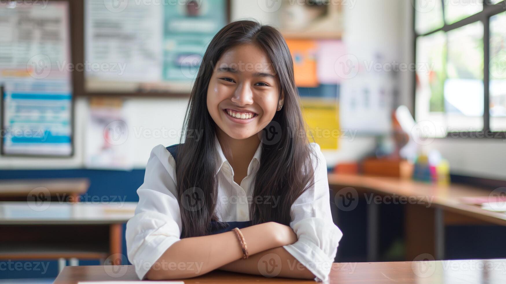 Young Indonesian High School Girl Smiling in Classroom - Educational, Cultural Diversity, Youth photo