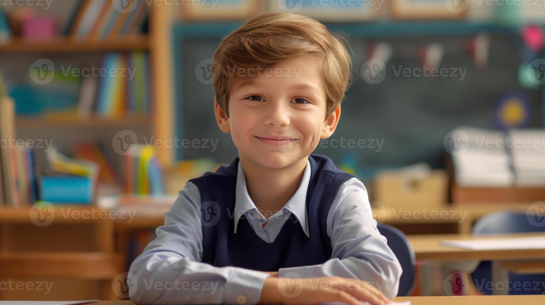 Young French Boy Learning at School, Smiling Student in Classroom Setting, Education Concept for Learning and Teaching Posters photo