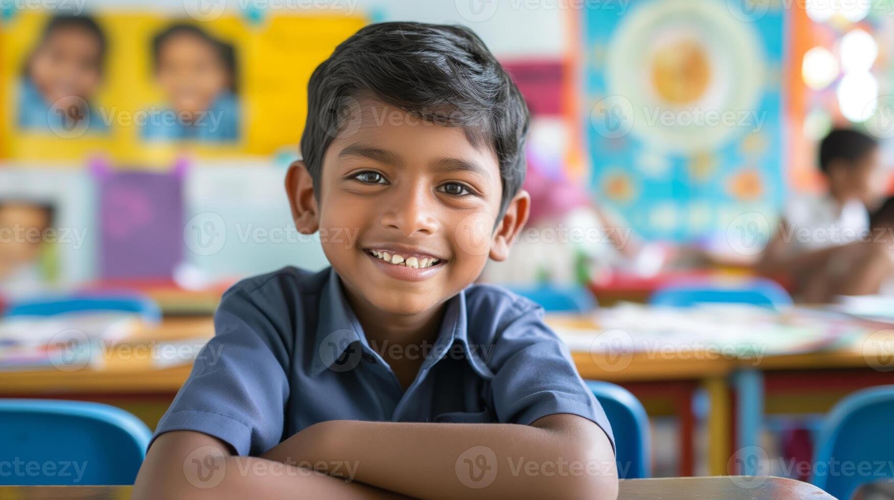 Smiling Indian Elementary School Boy in a Classroom Setting, Ideal for Educational Posters and Childhood Learning Materials photo