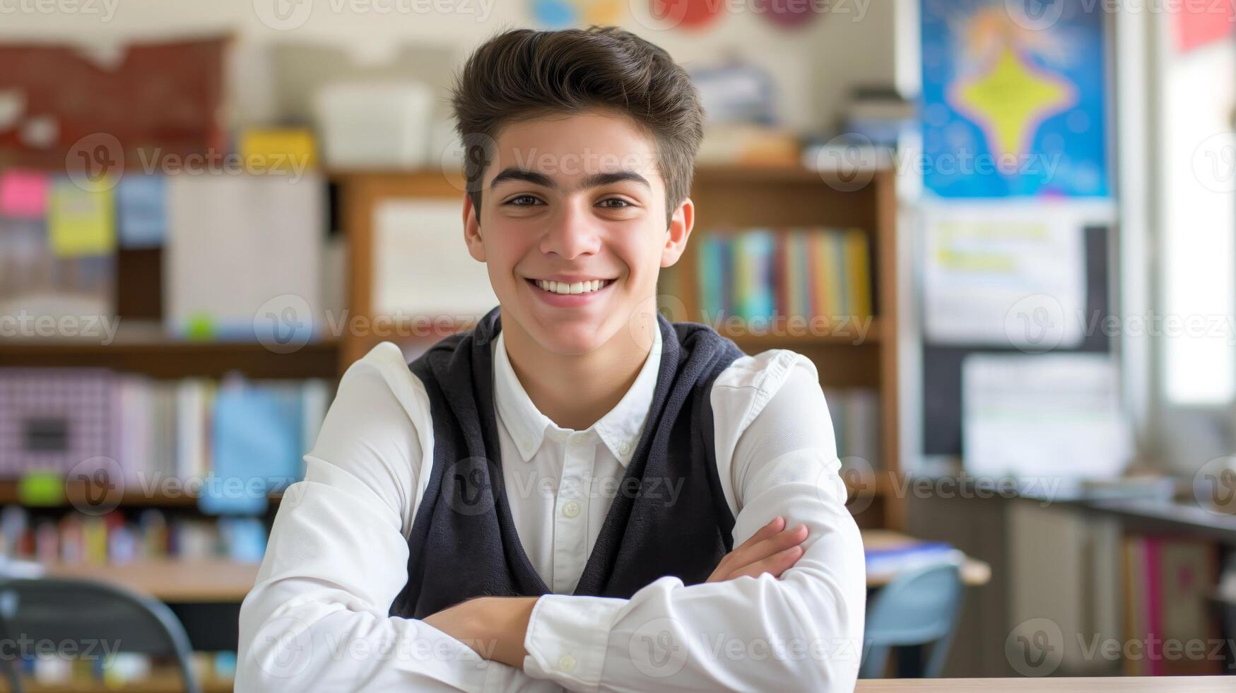 Smiling Southern European Male Teenager in Classroom, High School Education, Learning Environment photo