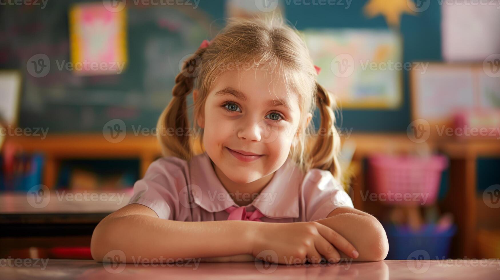 Smiling Young French Girl in Classroom, Education and Learning Concept for Print, Poster, Card Designs photo