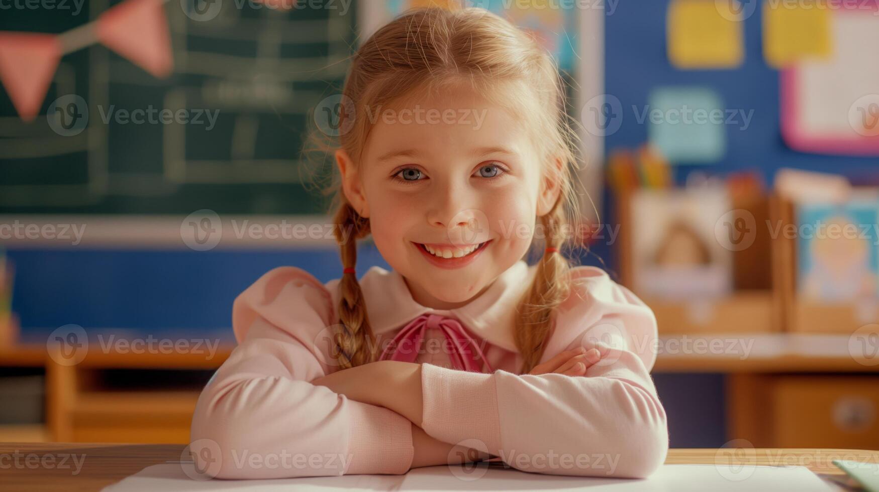 Young Western European Girl in Classroom Setting, Smiling and Sitting at Desk, Ideal for Educational and Back-to-School Concepts photo