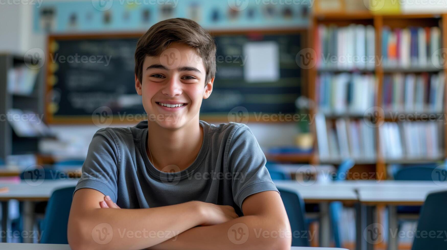 Smiling Southern European High School Boy in Classroom, Education and Learning Concept for Print and Digital Use photo