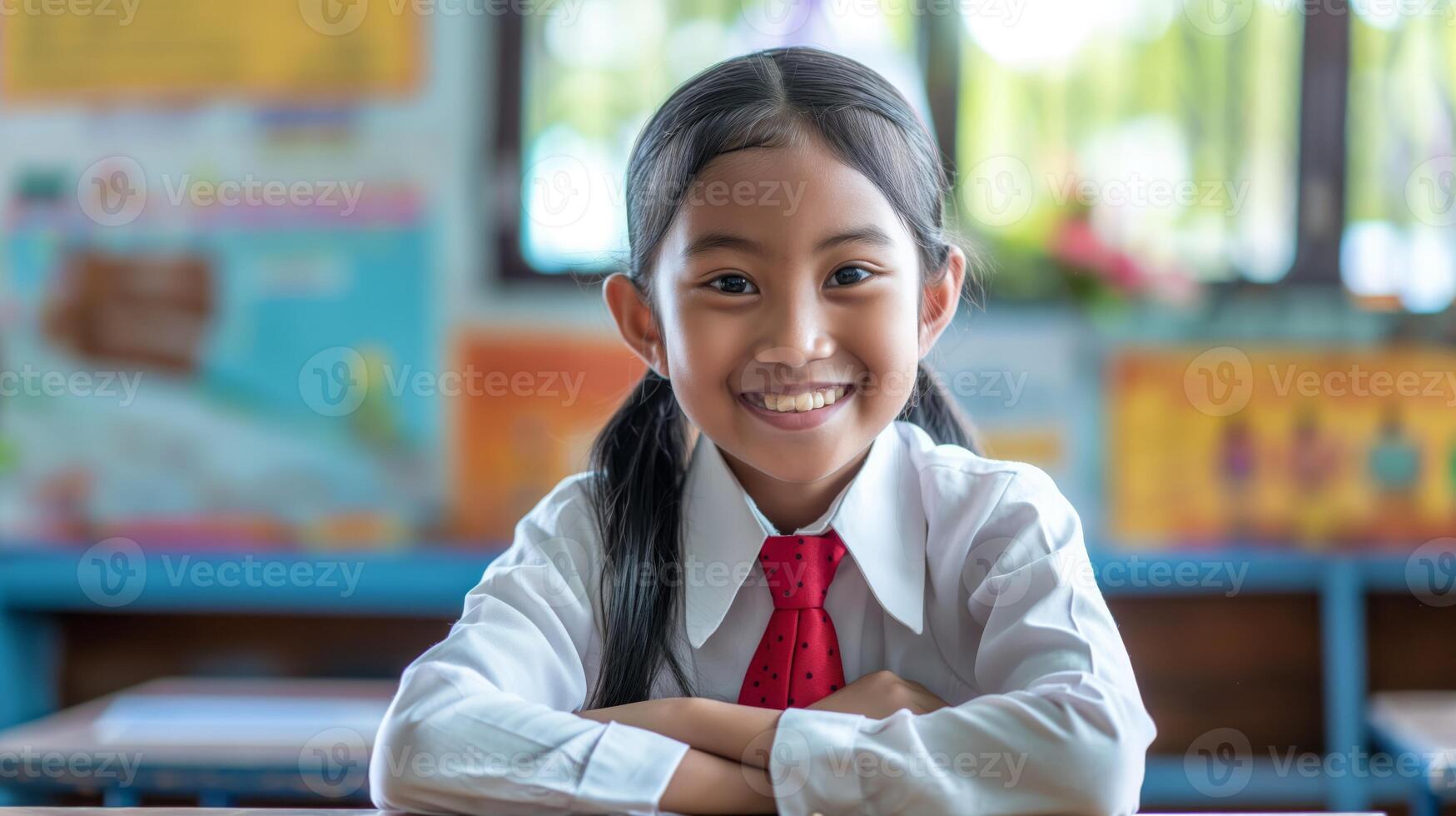 Indonesian elementary school girl smiling in classroom, educational backdrop, diverse portrait, school uniform, back to school theme photo