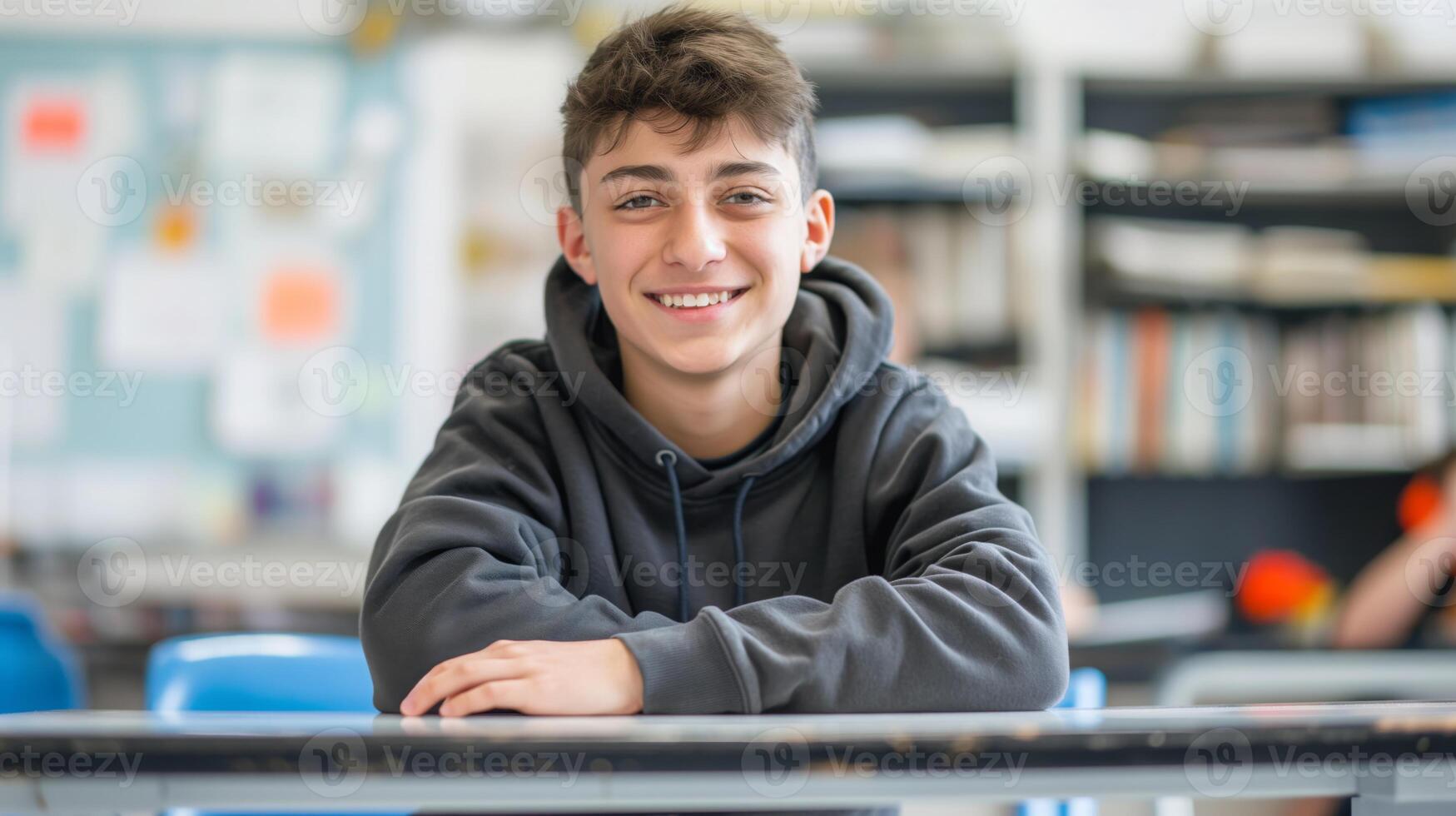 British Teenager Smiling in Classroom with Bookshelves, Wearing Hoodie, Studying, Learning Environment, Academic Setting, Friendly Expression photo