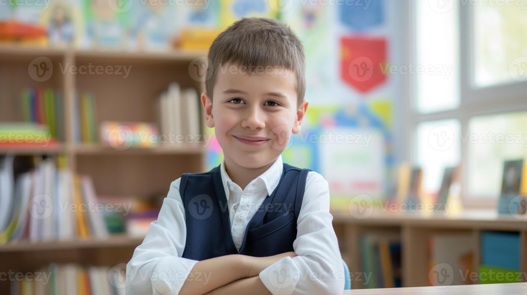 Smiling Russian Schoolboy in Classroom Environment for Education, Learning, and Back to School Concept photo