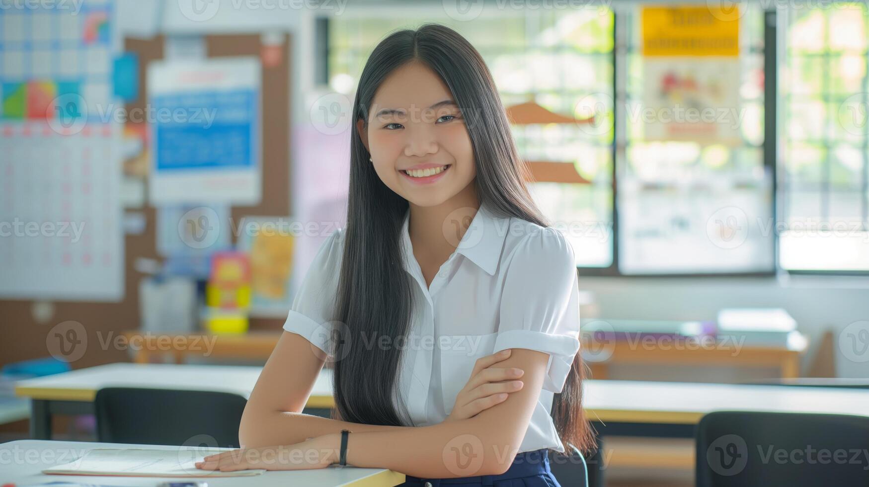 Thai High School Girl Smiling Positively in Classroom Setting, Friendly and Approachable Educational Environment photo