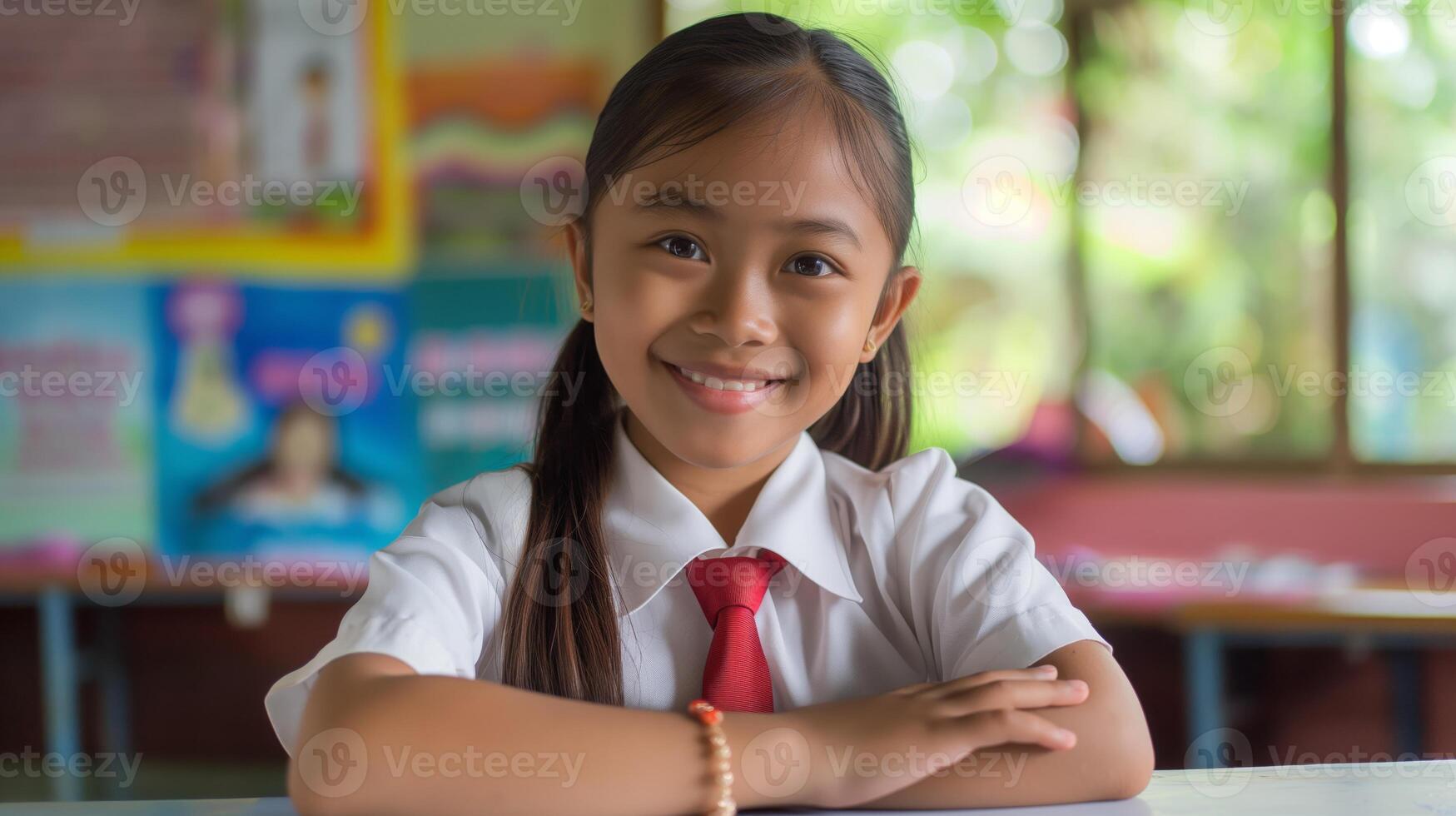 Filipino Elementary School Girl Smiling in Classroom for Education Themes, Diversity, Back-to-School Concepts photo