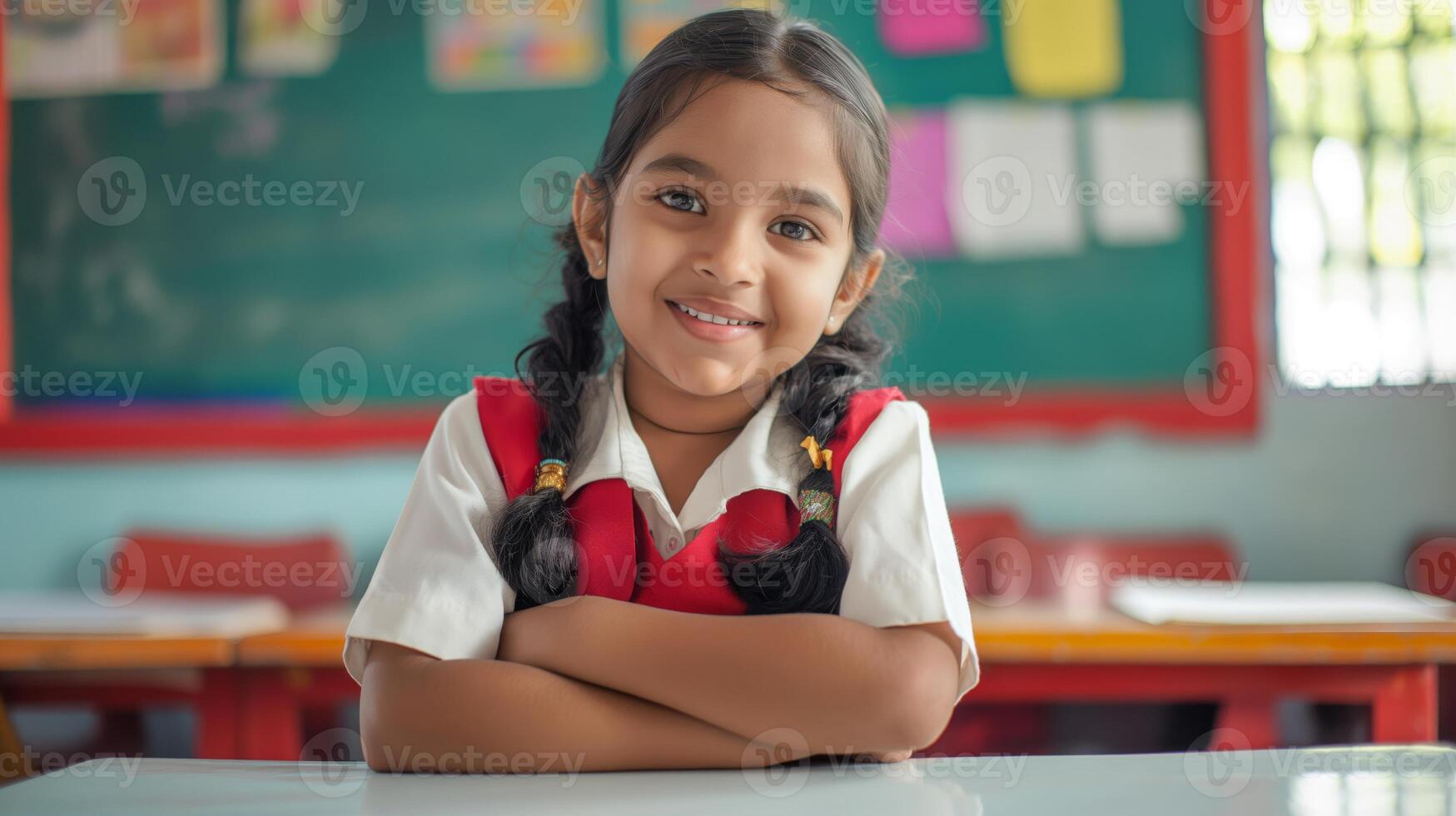 Smiling Bangladeshi Elementary School Girl with Braided Hair in Classroom Setting, Educational Concept photo