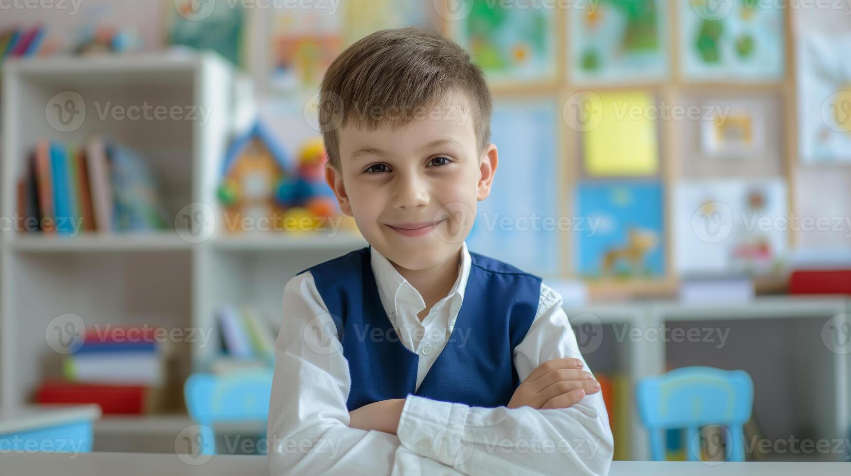Smiling Russian Schoolboy in Classroom with Arm Crossed, Focused on Childhood Education, Learning, and Diversity photo