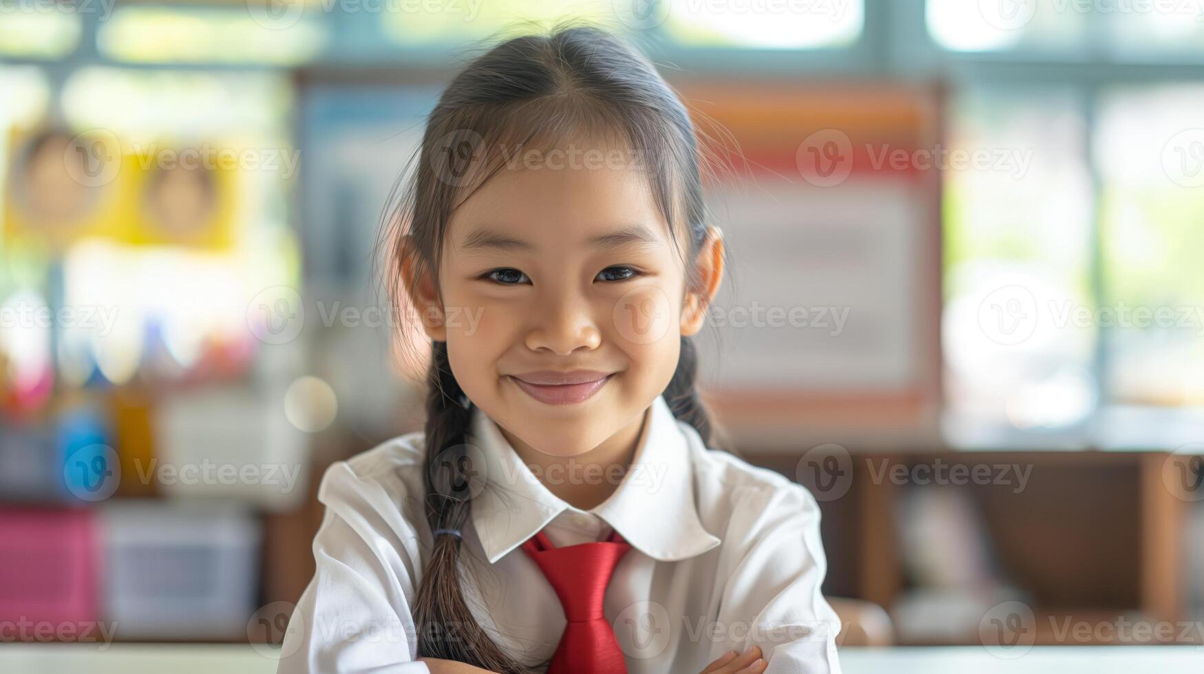 Smiling Thai Elementary School Girl in Classroom Setting Wearing Red Tie photo