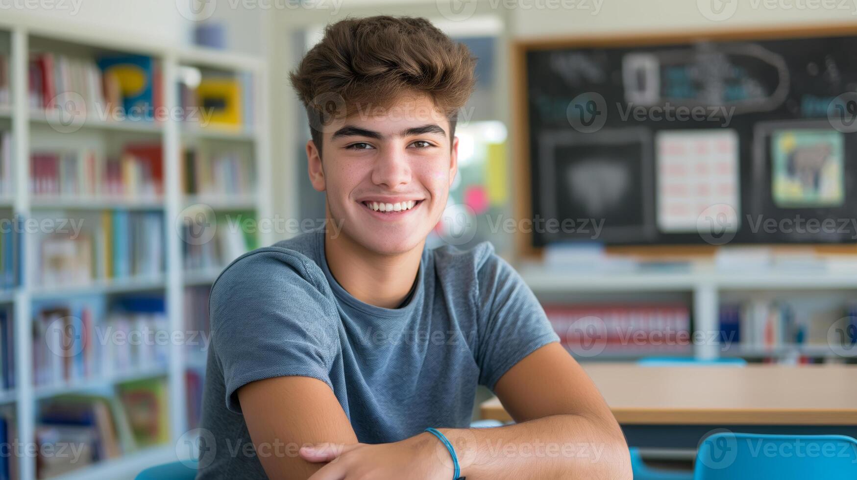 Southern European Teenager Smiling in High School Library, Education and Learning Concept, Suitable for Back-to-School Designs and Academic Posters photo