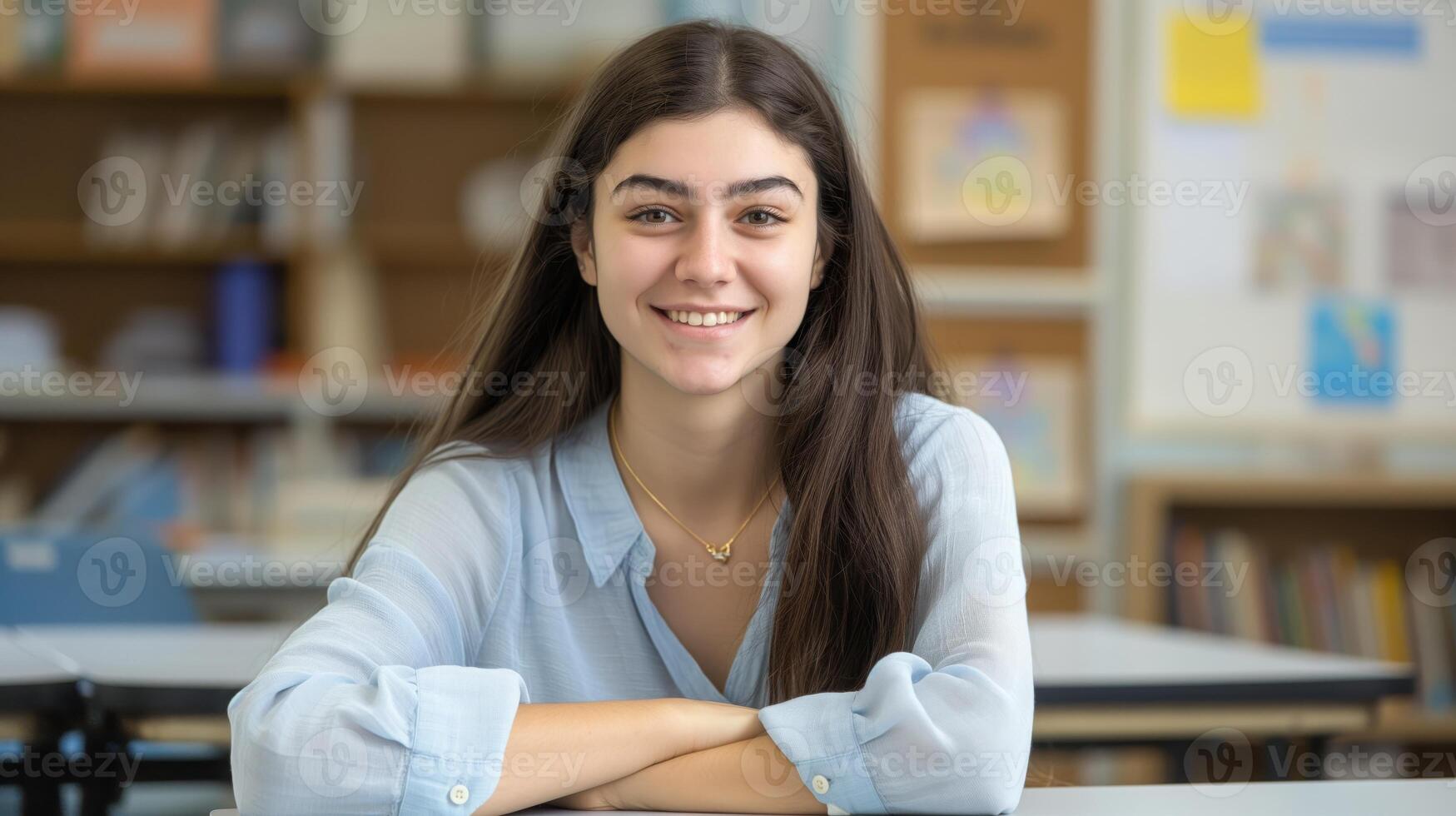 Smiling Southern European High School Girl in Classroom, Student Lifestyle, Education Enthusiast, Optimistic Learning Environment photo