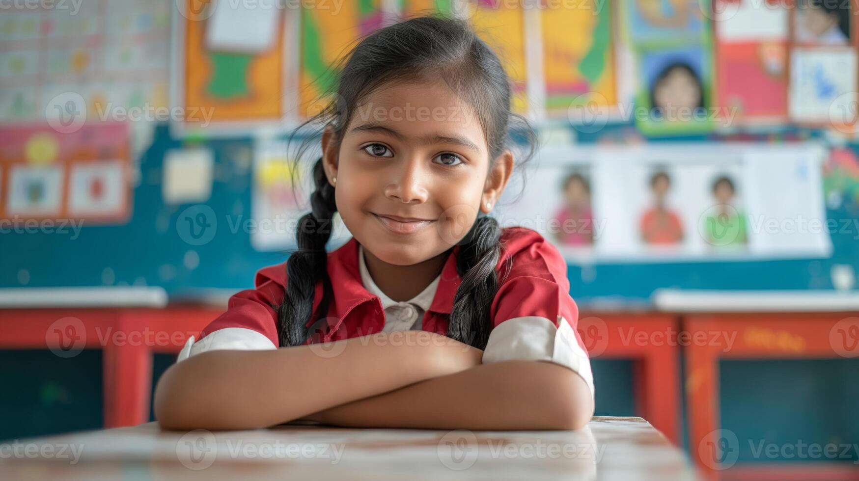 Smiling Bangladeshi Elementary School Girl in Classroom, Ideal for Educational and Cultural Representation photo