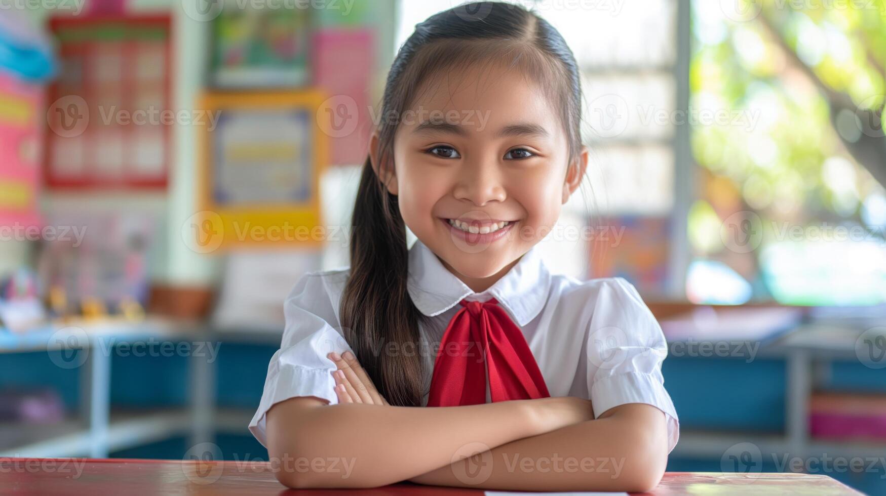 Filipino Elementary School Girl Smiling Warmly in Classroom Setting, Education and Learning Concept for School Projects and Posters photo