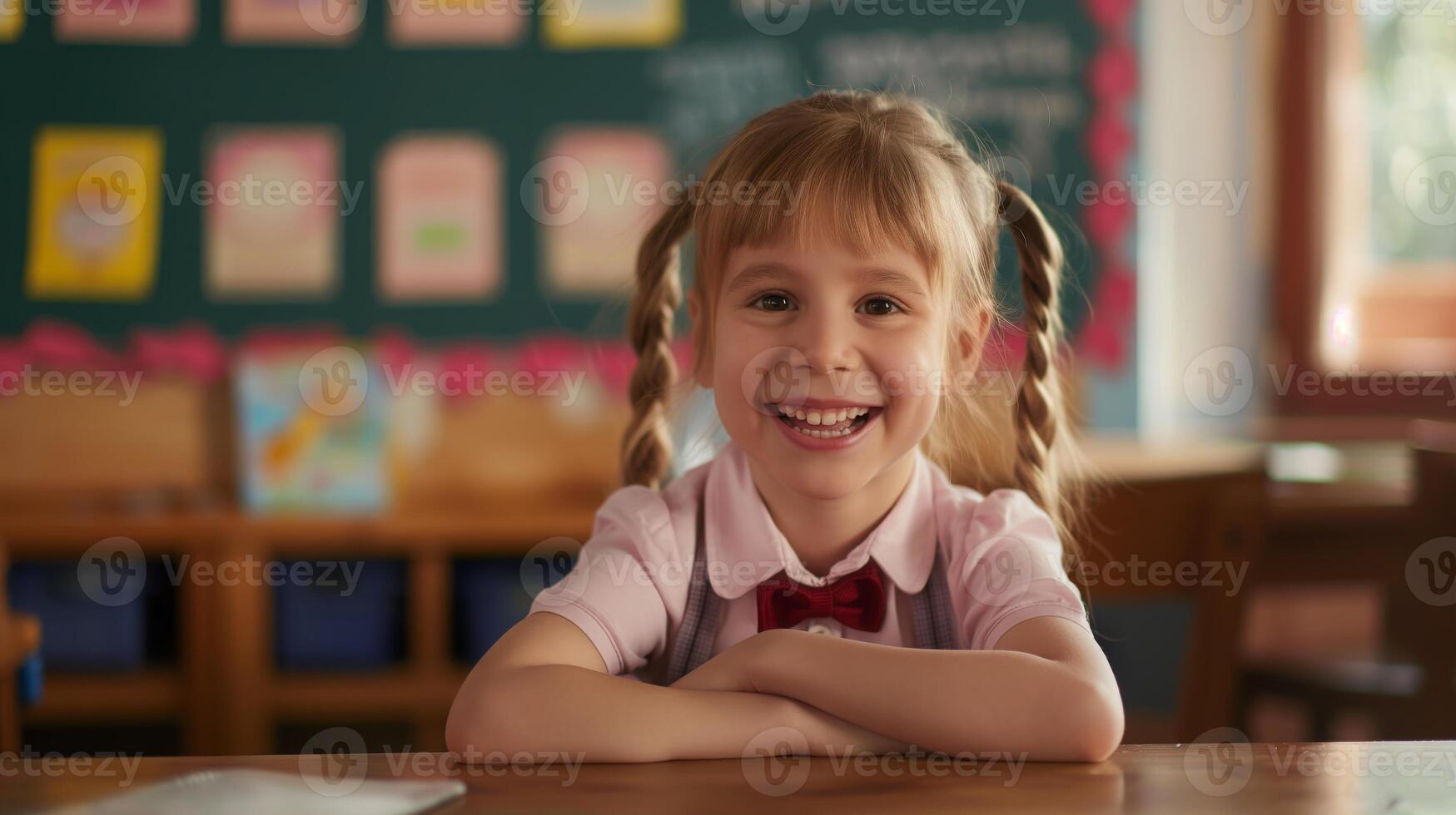 Western European Girl in Classroom, Smiling Student with Pigtails, School Setting, Learning Environment, Elementary Education photo