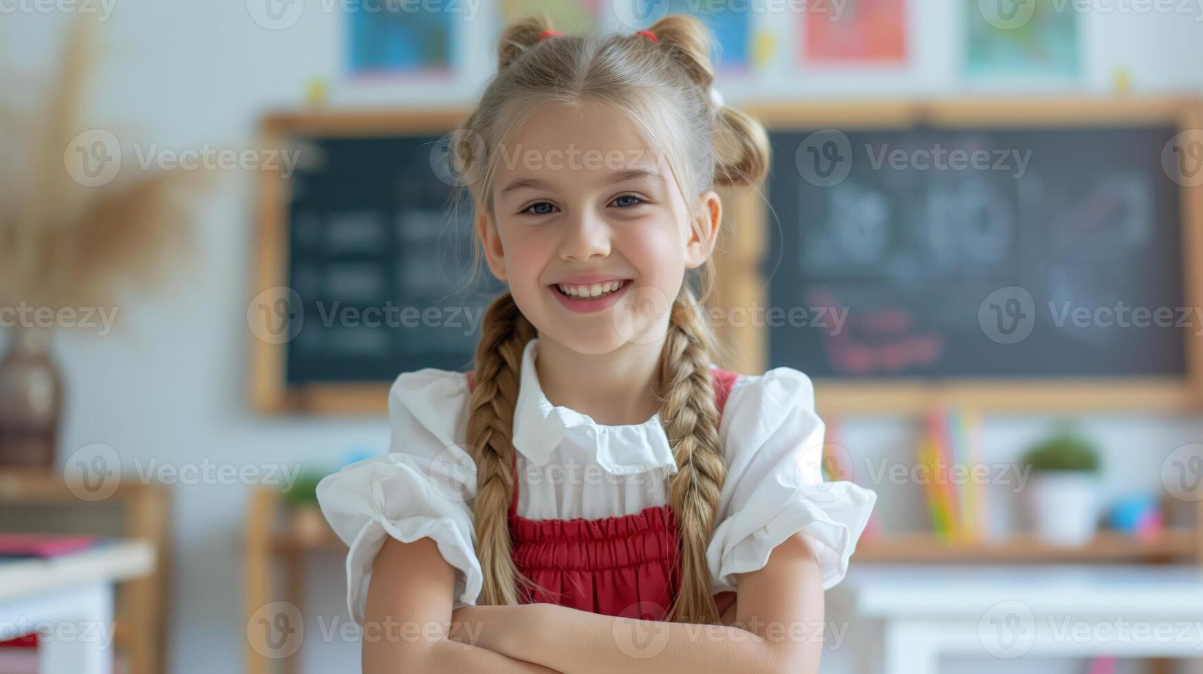 Smiling Polish Schoolgirl in Classroom Setting, Education Concept for Back to School, Poster, and Print Design photo