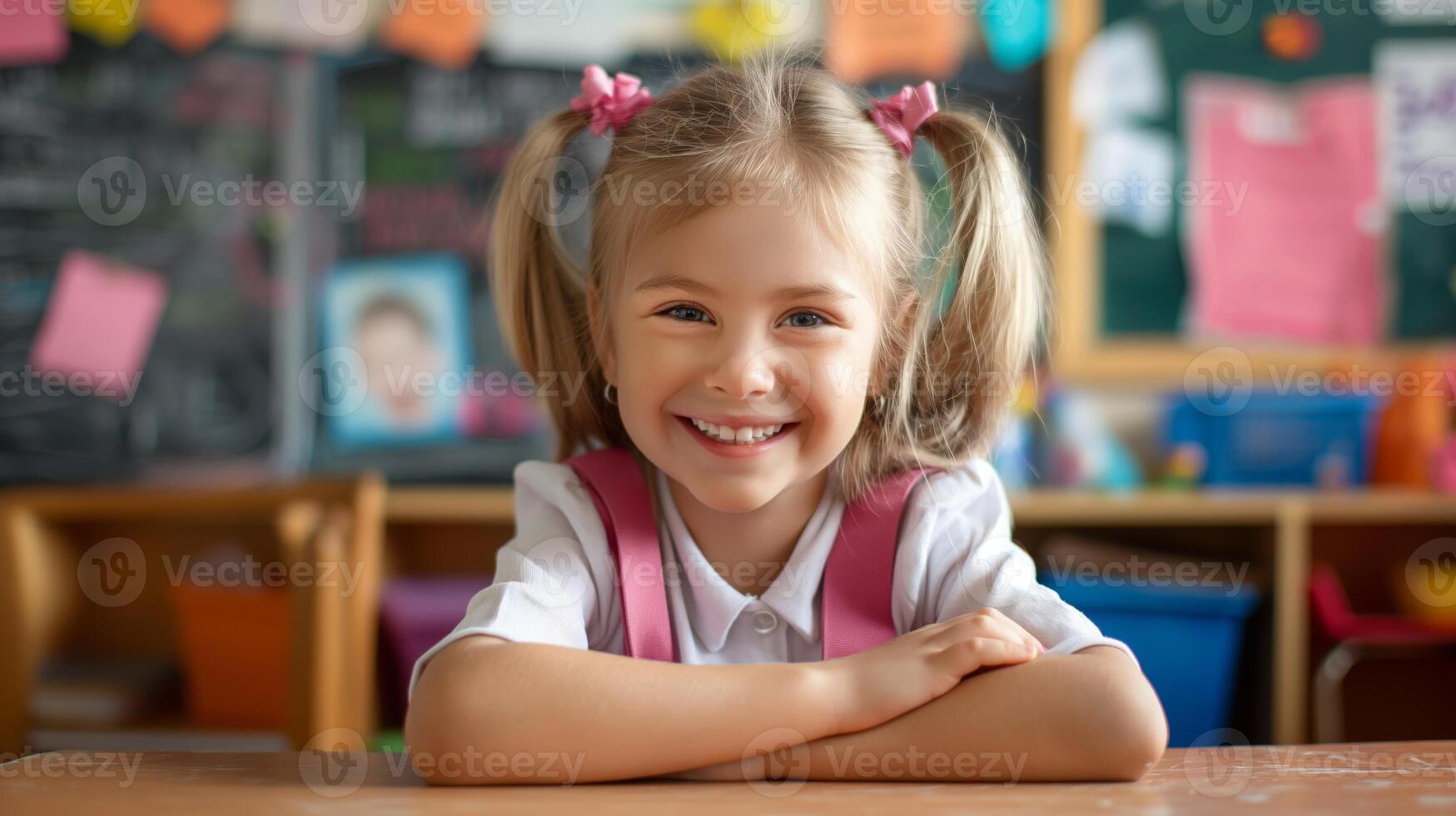 Smiling Young Girl in Classroom Setting with Pigtails, Primary Education, Happy Child Learning, School Environment photo