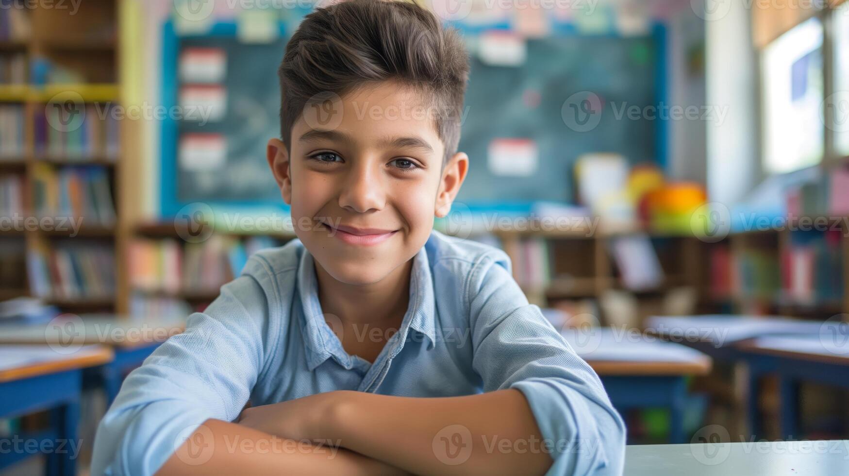Happy Southern European Elementary School Boy Smiling in Classroom Education, Diversity, and Childhood Innocence photo