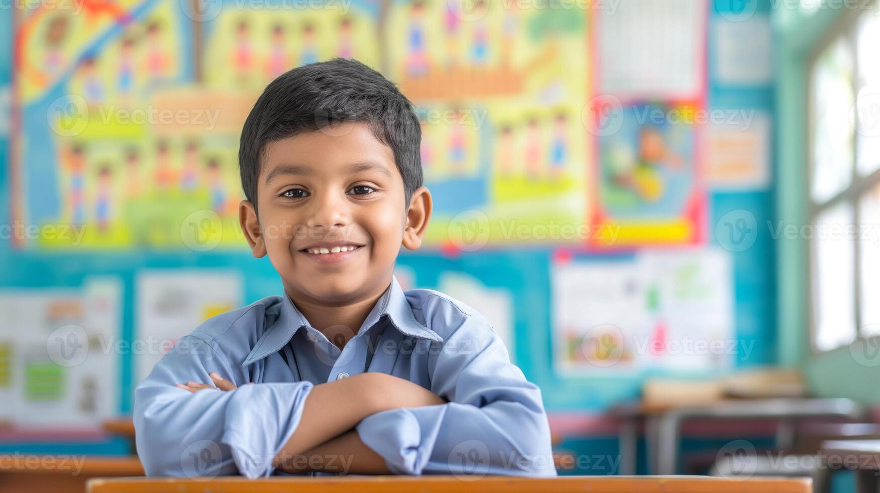 Happy Bangladeshi Elementary School Boy in Classroom, Educational Environment, Ideal for Print or Digital Use in Educational Materials photo