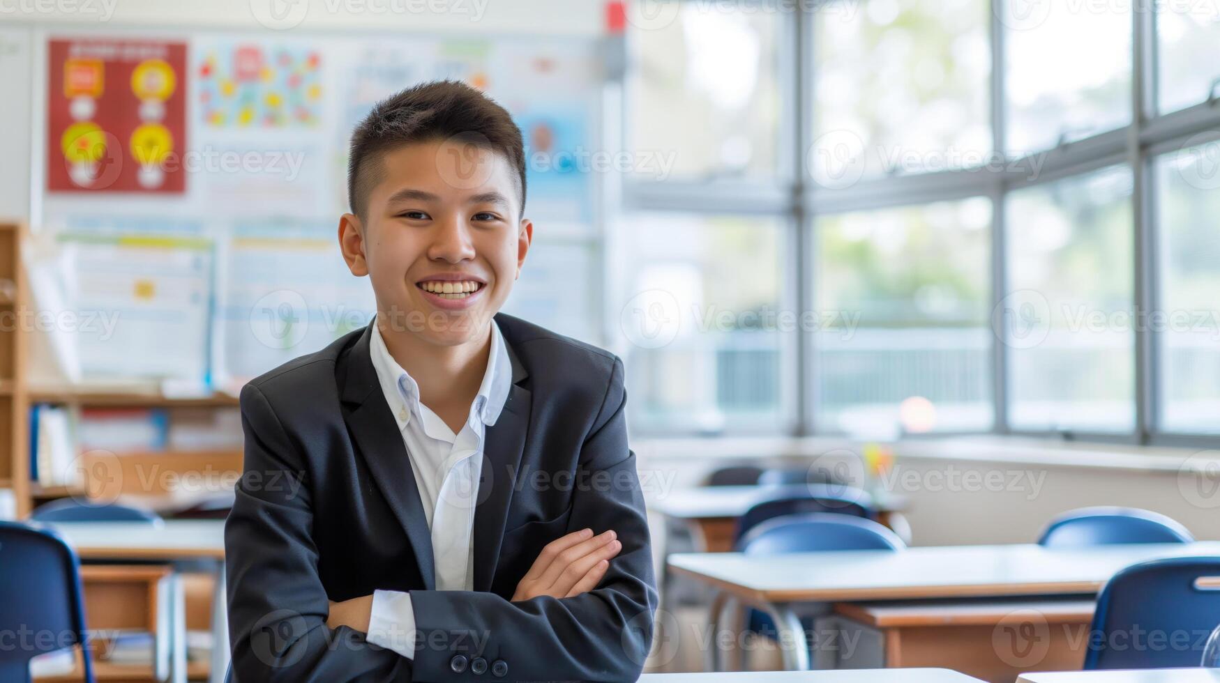 Smiling Chinese Teenage Boy in a Classroom, Education Concept, Learning Environment, Back to School, Student Success photo