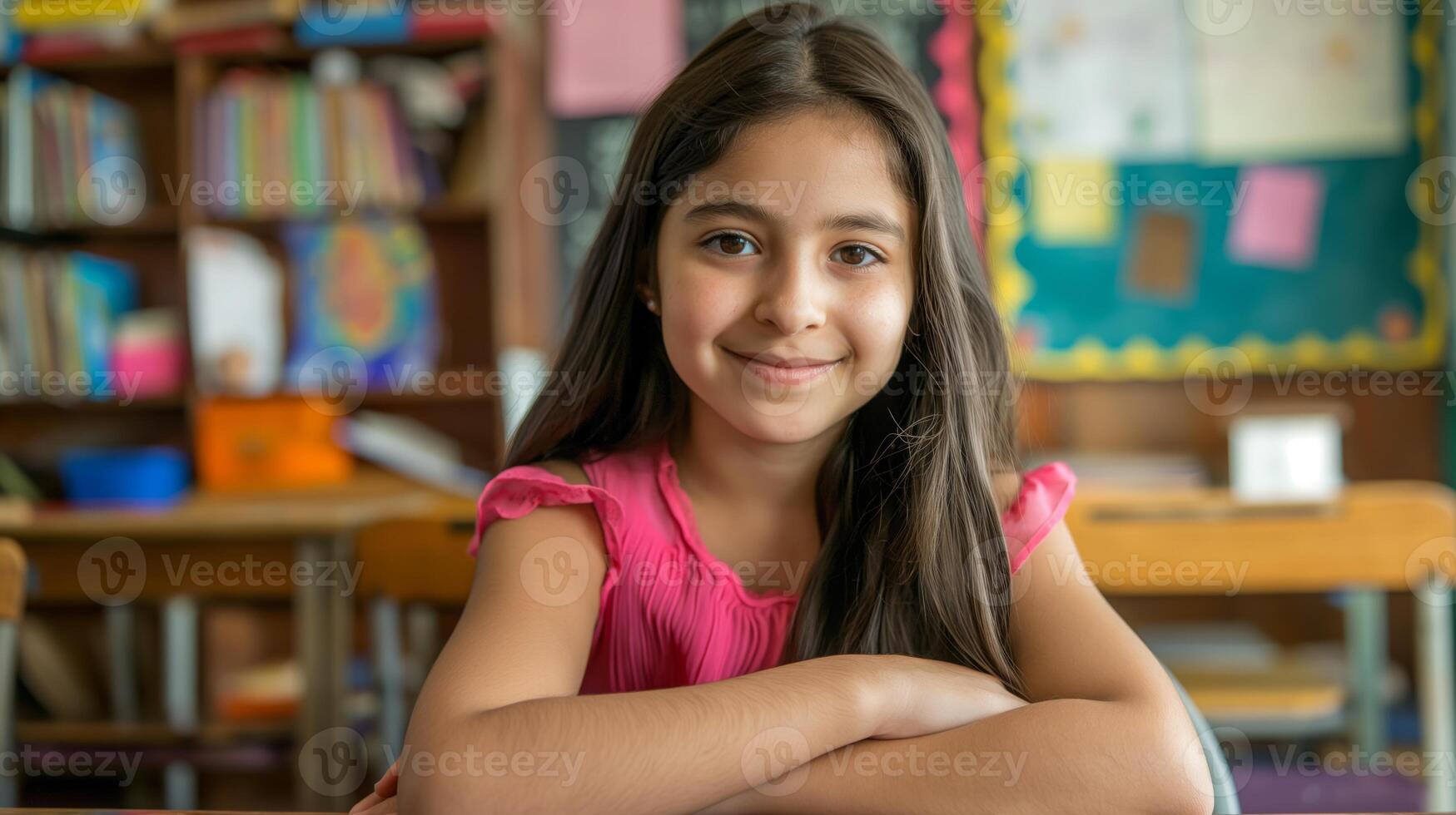 Smiling Southern European Italian Greek Girl in Classroom Setting for Education, Diversity, Youth Themes photo